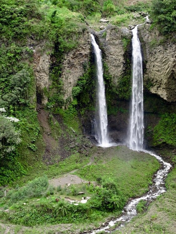 Two cascading waterfalls next to each other on Ruta de las Cascadas in Ecuador