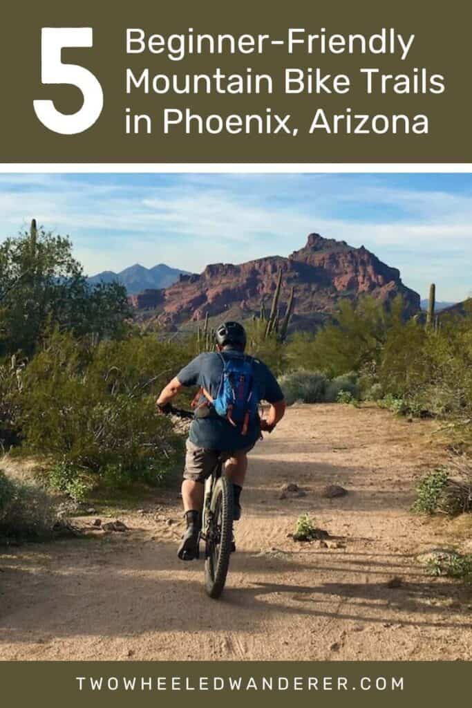 Pinnable image of mountain biker on desert trails in Phoenix, Arizona. Text reads "5 Beginner-Friendly Mountain Bike Trails in Phoenix, Arizona"