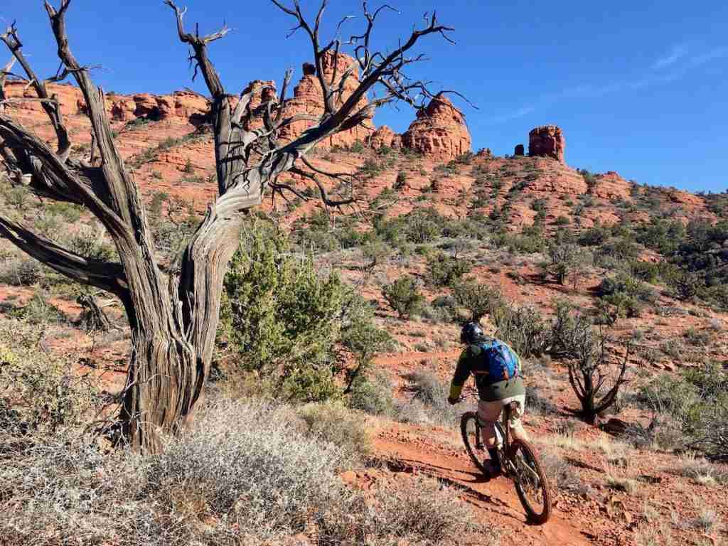 Mountain biker on singletrack trail in Sedona, Arizona with red rock formations as backdrop