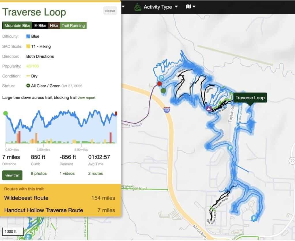 Screenshot of mountain biking route map in HandCut Hollow trail network in Bentonville Arkansas