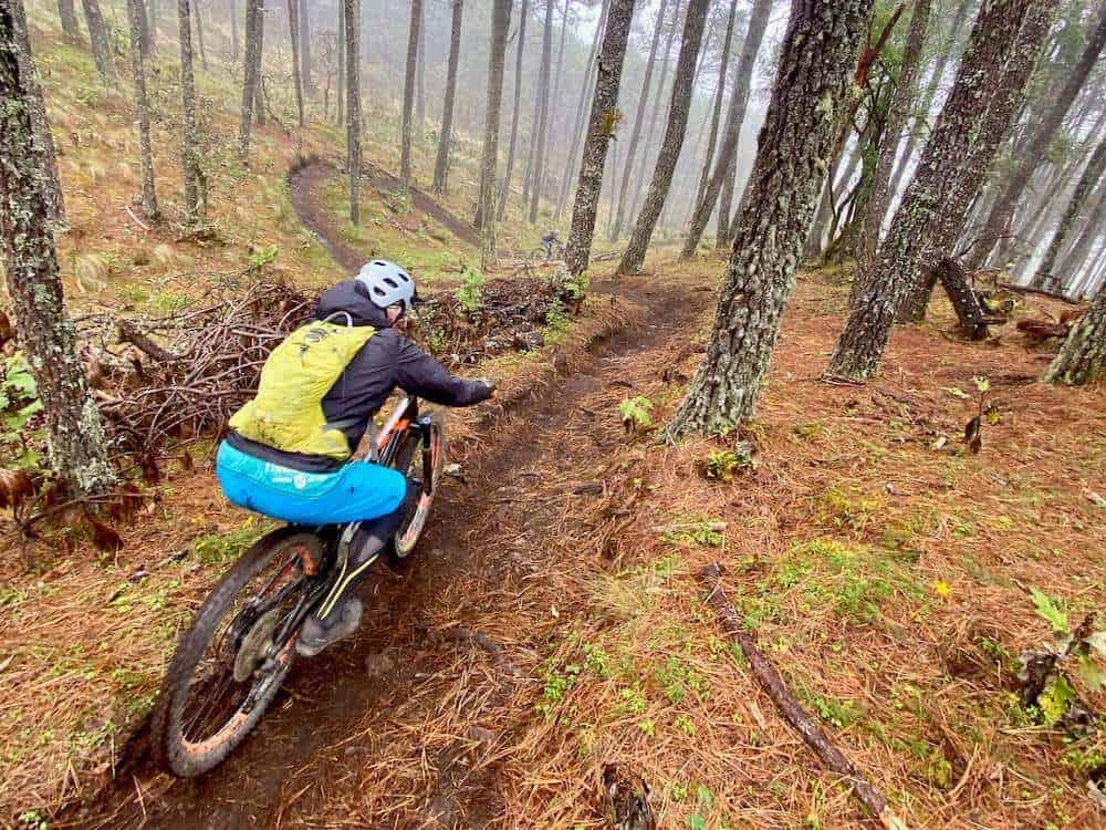 Mountain biker riding down forested singletrack trail wearing mountain bike backpack