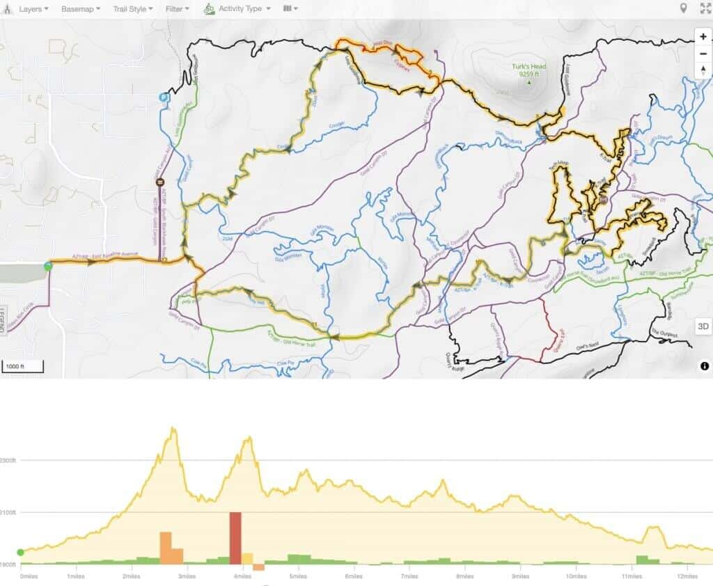 Screenshot of mountain bike route map in Phoenix Arizona