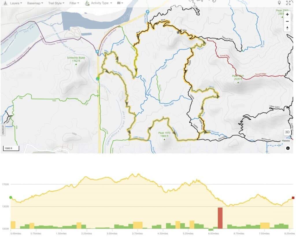 Screenshot of mountain bike route map in Hawes trail network Phoenix Arizona