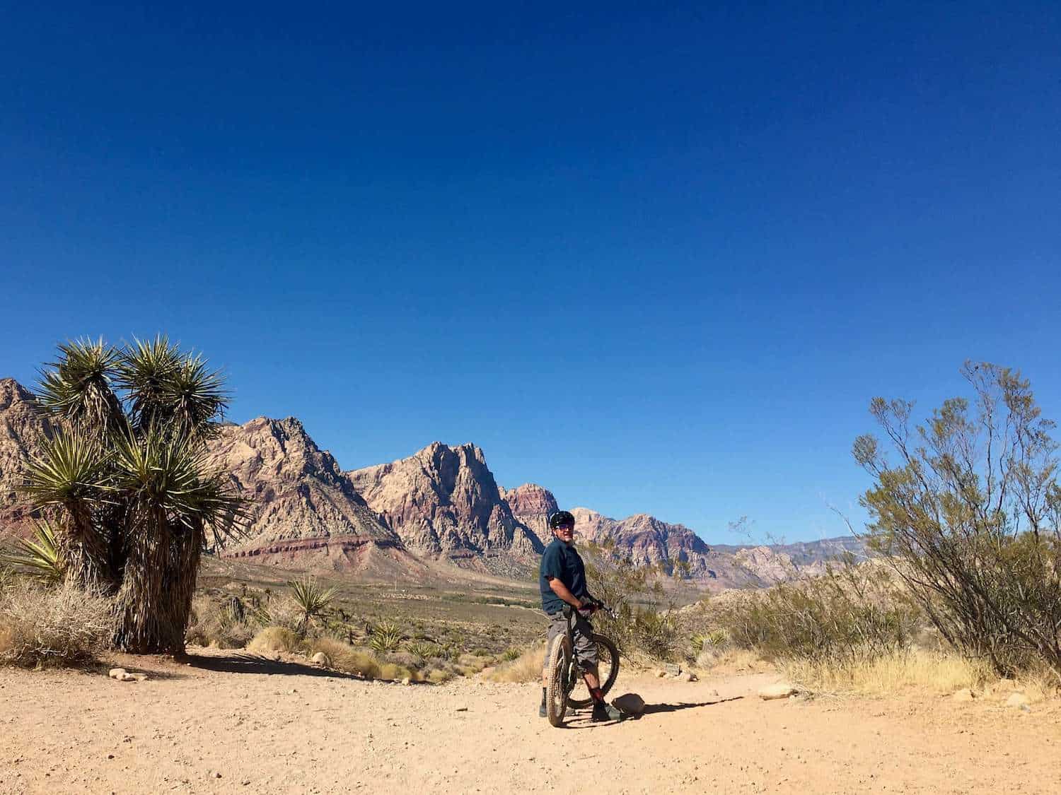 Male mountain biker on trails in Las Vegas, Nevada with red rock canyon in background