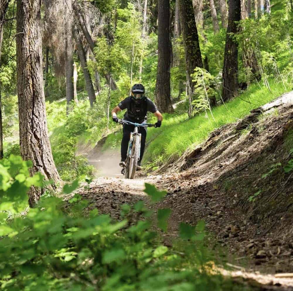 Mountain biker on forested trail at Bald Mountain Bike Park at Sun Valley in Idaho