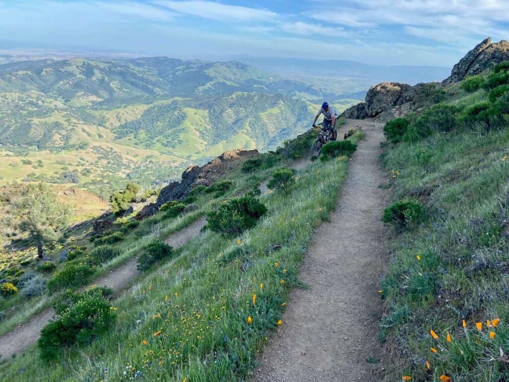 Mountain biker riding scenic singletrack trail off of Mt. Diablo in the Bay Area surrounded by lush green hills