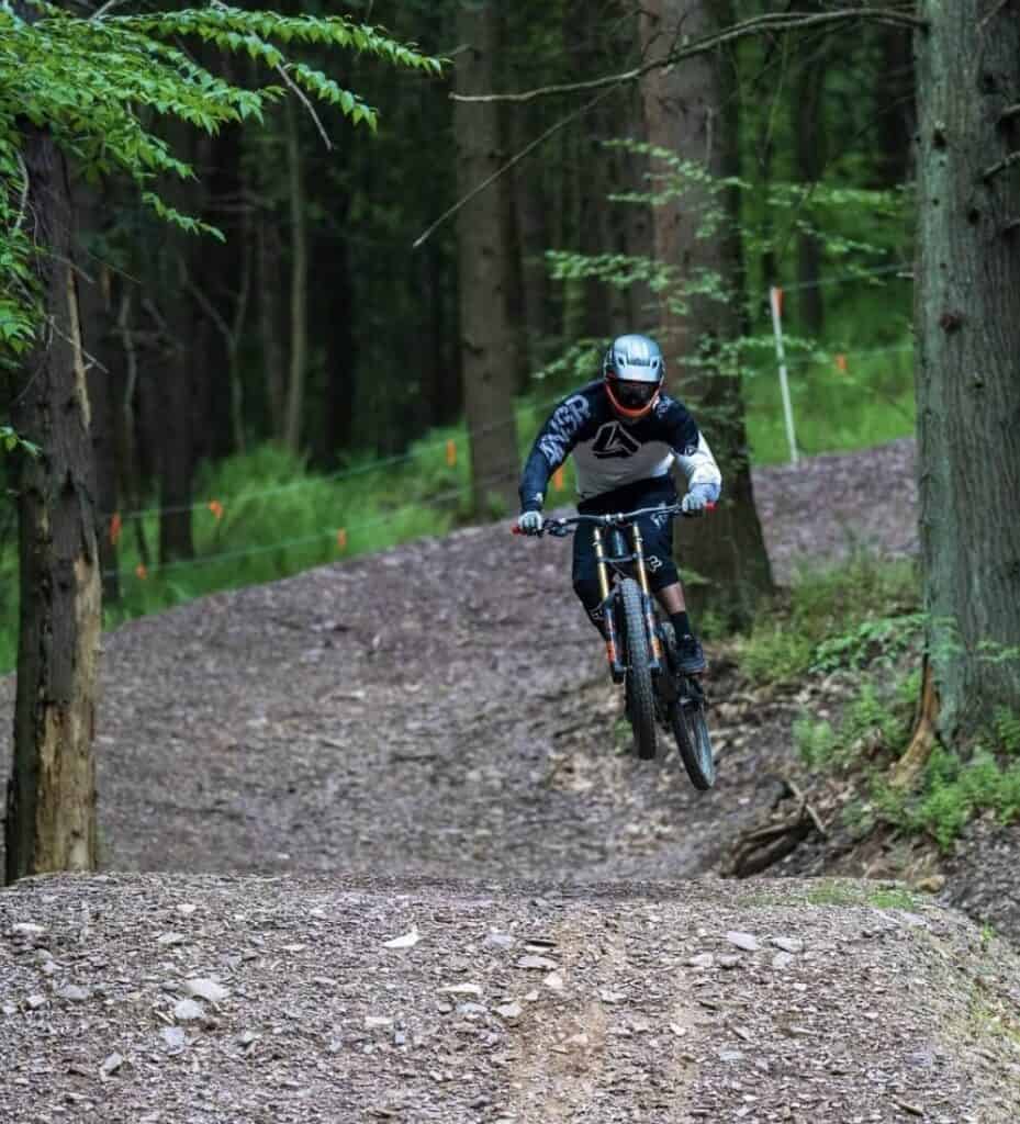 Mountain biker on trail at Blue Mountain Bike Park in Pennslyvania