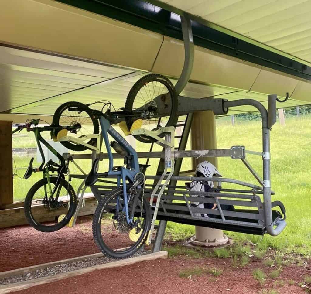 Mountain bike loaded onto chairlift at Jiminy Peak BIke Park in Massachusettes