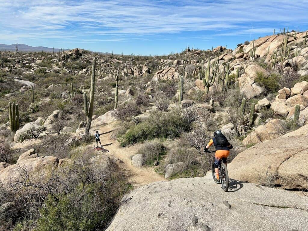 Mountain biker riding down slickrock slab in Tucson, Arizona