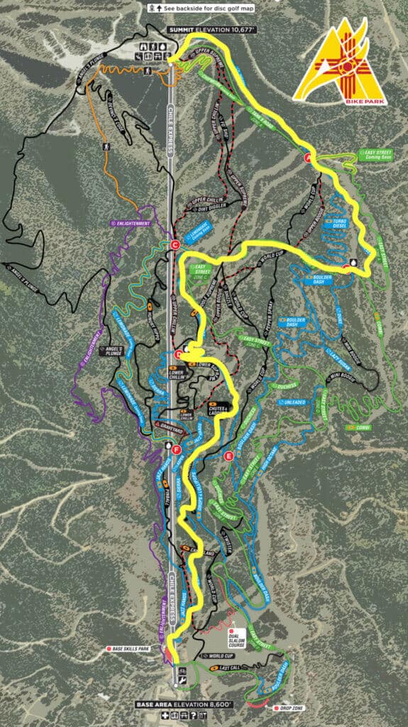 Trail map of route down Angel Fire Bike park