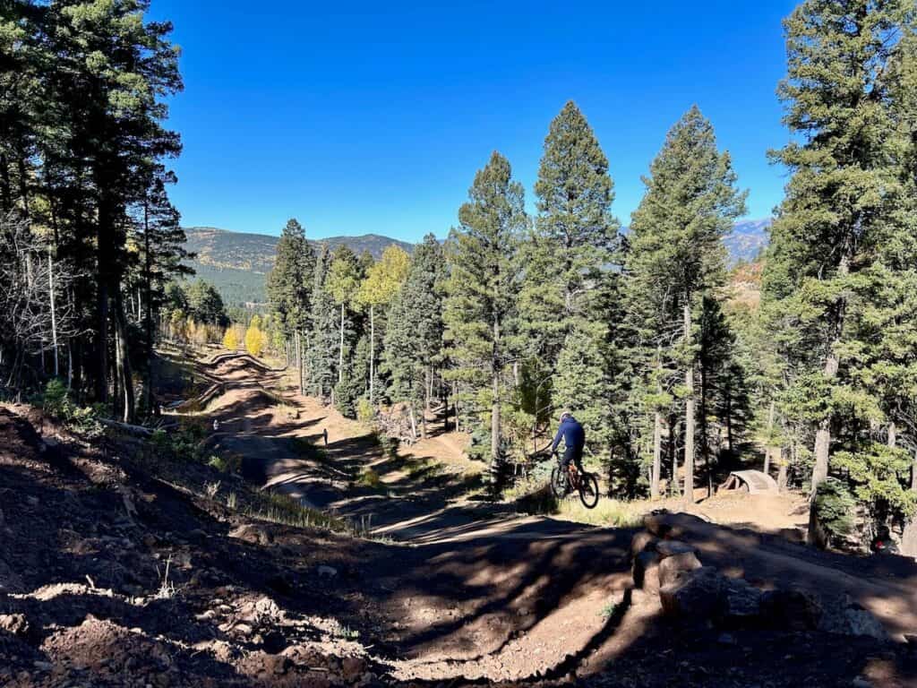 Mountain biker going off jump at bike park