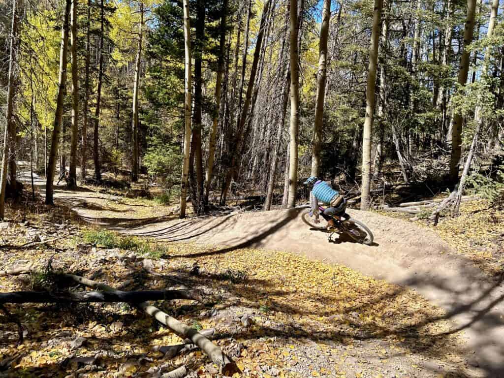 Mountain biker riding flow trail at bike park
