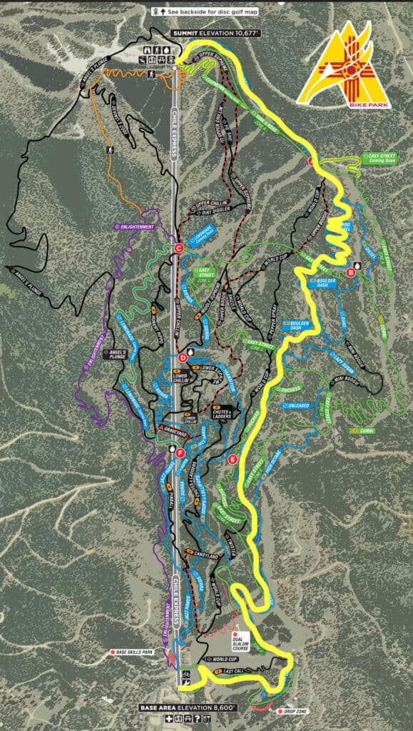 Trail map of mountain bike route down Angel Fire Bike park