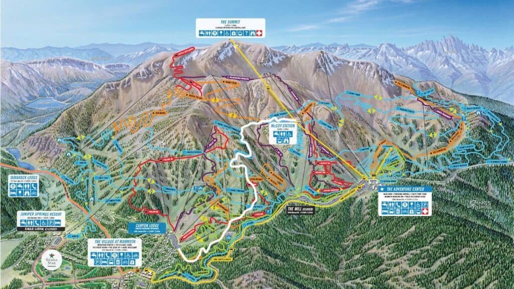 Trail map of route down Mammoth Mountain Bike park