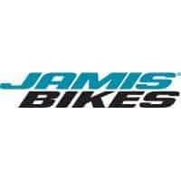 Jamis Bikes logo with Jamis written in blue above Bikes written in black