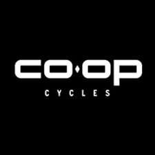 REI Co-op cycles logo with Co-op Cycles written in block lettering on black background