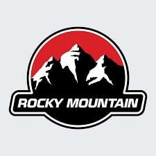 Rocky Mountain Bicycles logo with three mountain peaks above Rocky Mountain Lettering and red sky in background