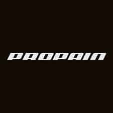 Propain bikes logo with Propain written in block letters on black background