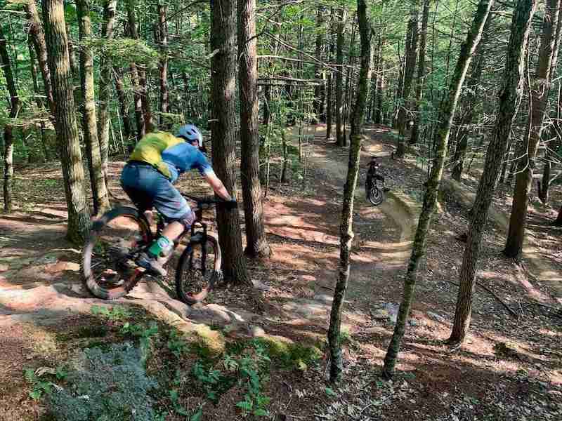 Mountain biker riding bike down steep rock roller in woods in Vermont