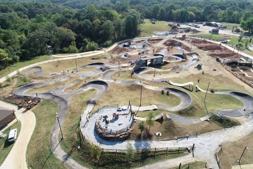Aerial view of the Railyard bike park in Rogers, Arkansas