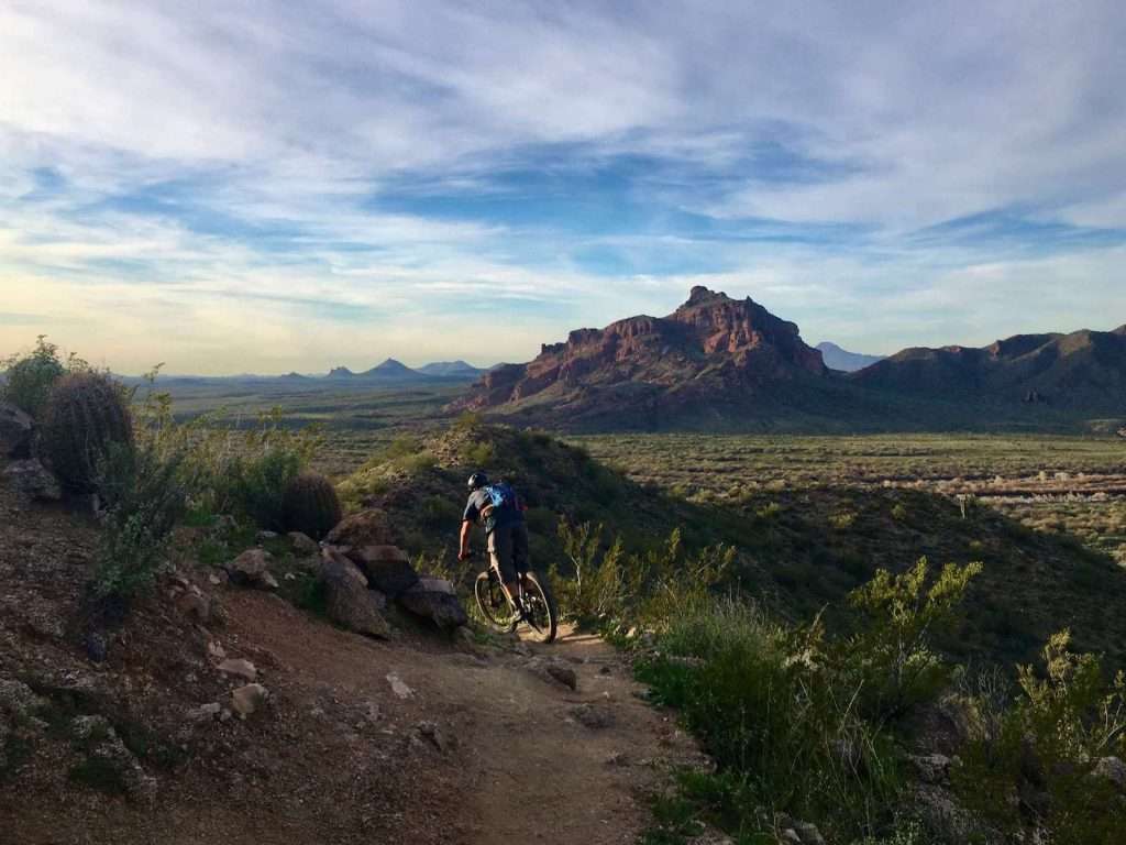 Mountain biker riding down singletrack trail in Phoenix, Arizona with soft light on mountains and desert landscape