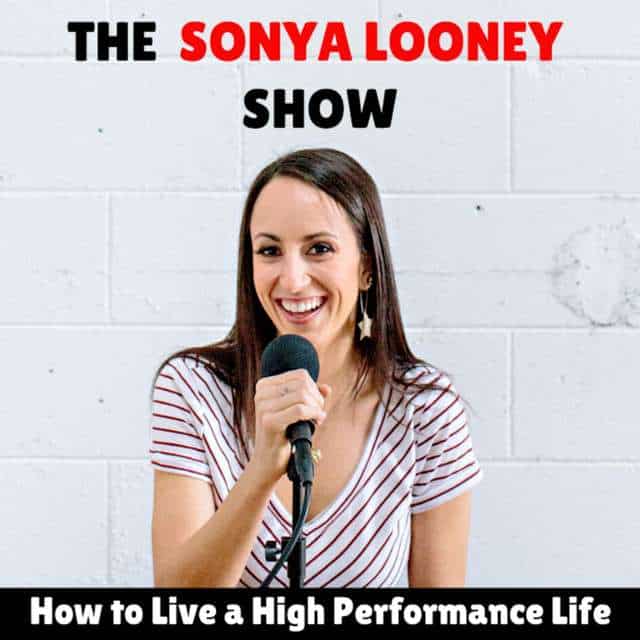 Podcast cover of Sonya Looney Show with Sonya holding microphone to mouth