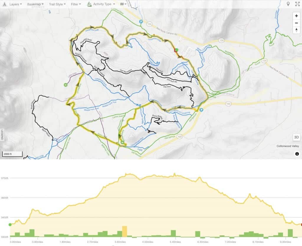 Screenshot of Landmine Loop mountain bike route map in Las Vegas