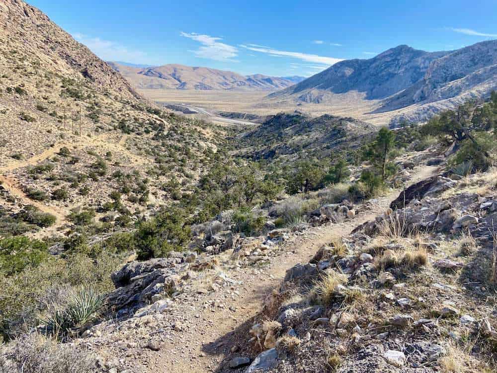 Mountain bike trail outside of Las Vegas, Nevada looking out over mountain range