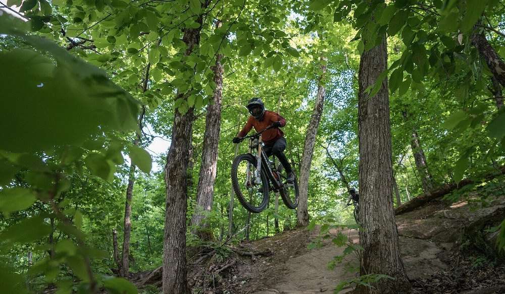 Mountain biker sending drop on forested trail at Camp Fortune Bike Park in Quebec
