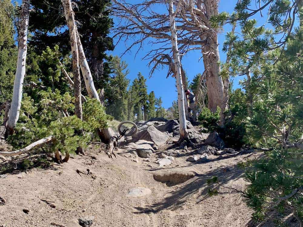 Mountain bike crash on rocky, technical feature of trail