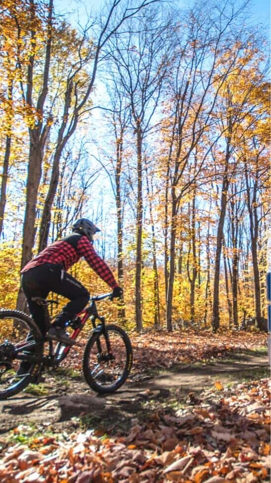 Mountain biker riding bike on trail surrounded by fall foliage at Montcalm bike park in Quebec