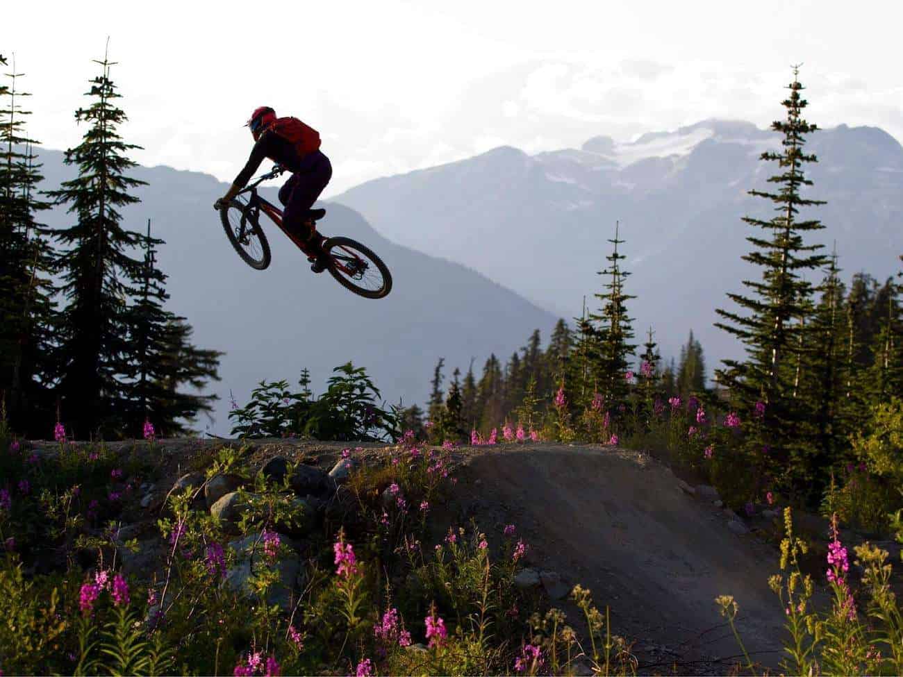 Mountain biker in the air after going over jump at bike park in Canada with snow capped mountains in background