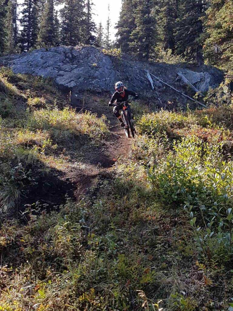 Mountain biker riding down rugged trail at Mount Sima Bike Park in Whitehorse, Yukon Territory