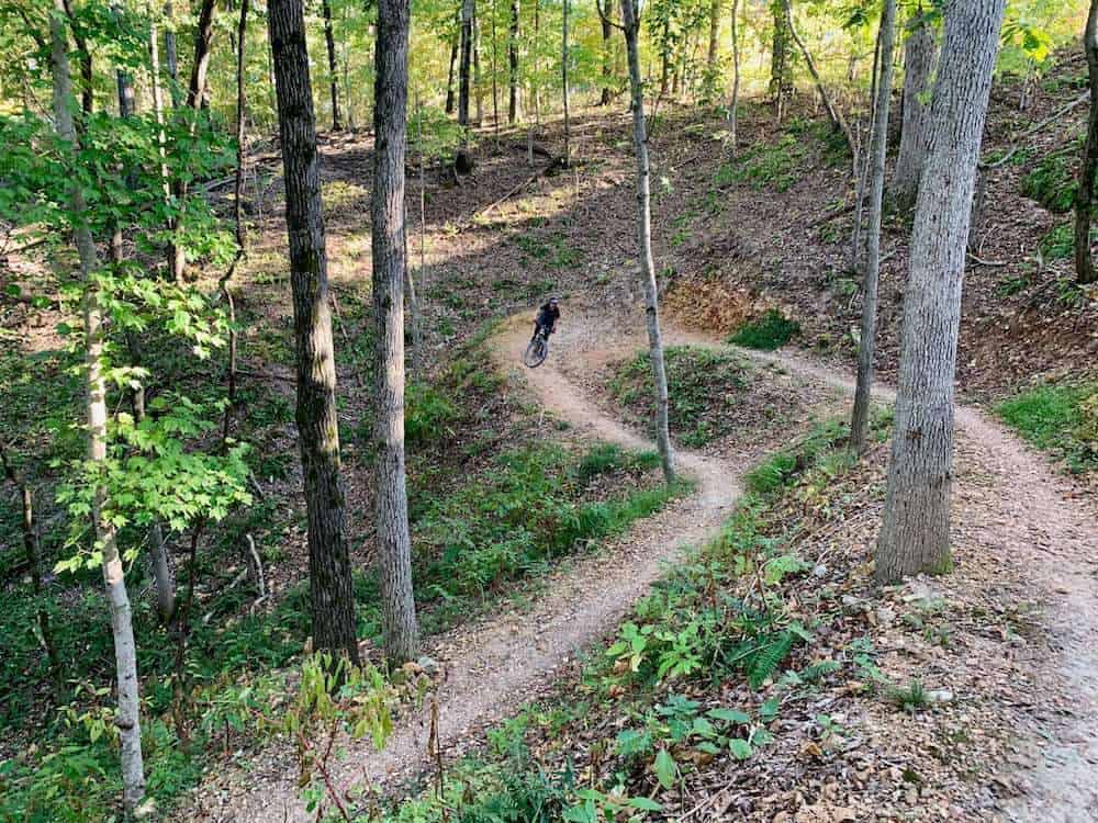 Switchbacked mountain bike trail in Bentonville, Arkansas