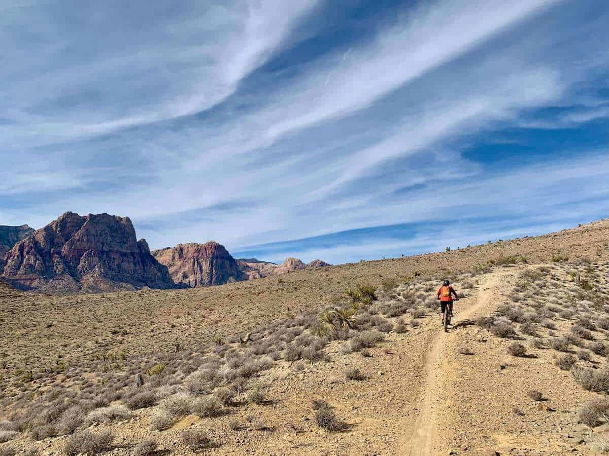 Mountain biker riding on remote desert singletrack trail outside of Las Vegas, Nevada