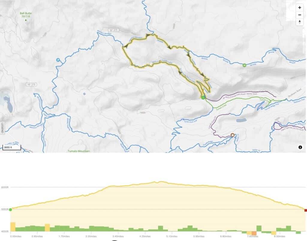Screenshot of map of Tumalo Falls mountain biking route in Bend, Oregon