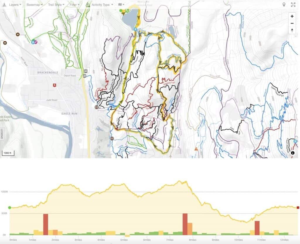 Screenshot of map of mountain bike route in Squamish, British Columbia