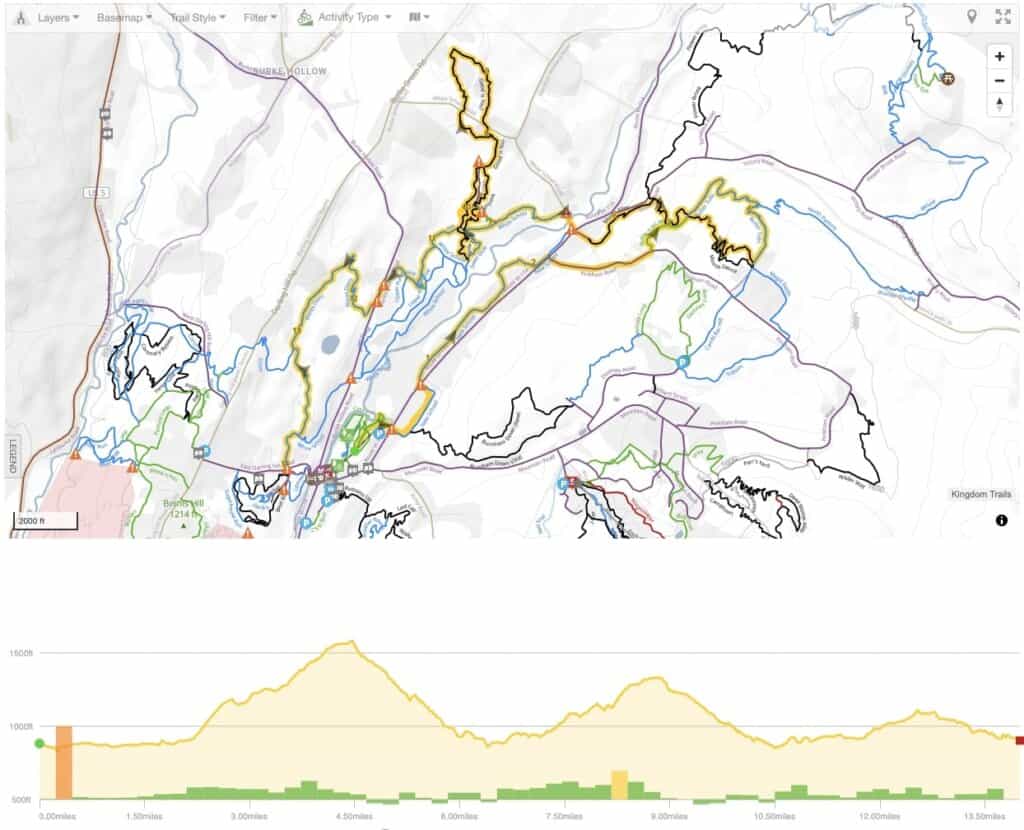 Screenshot of mountain bike route map at the Kingdom Trails in East Burke Vermont