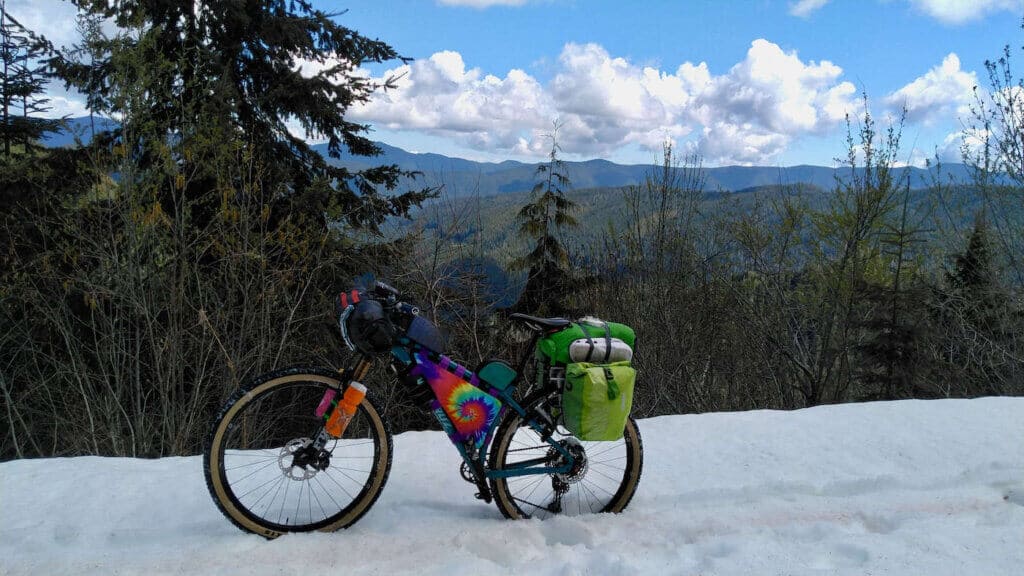 A mountain bike rigged with bikepacking bags standing up in deep snow in Washington 