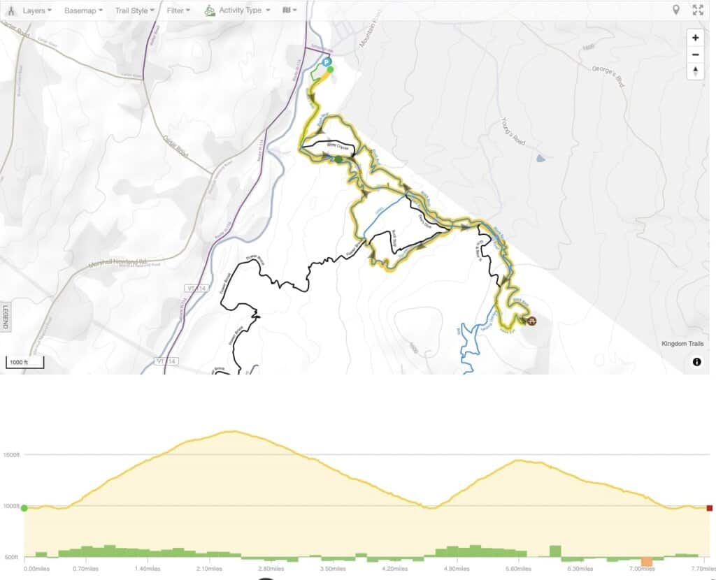 Screenshot of mountain bike route map at the Kingdom Trails in East Burke Vermont