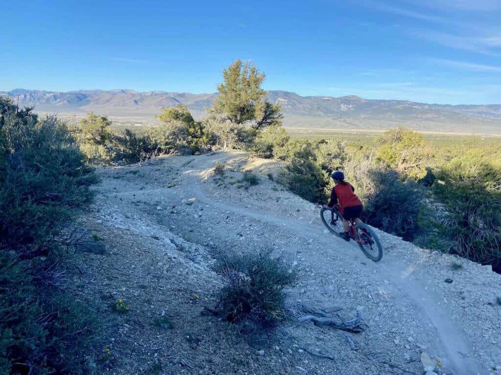 Mountain biker riding singletrack trail in Ely Nevada with mountain range in the distance