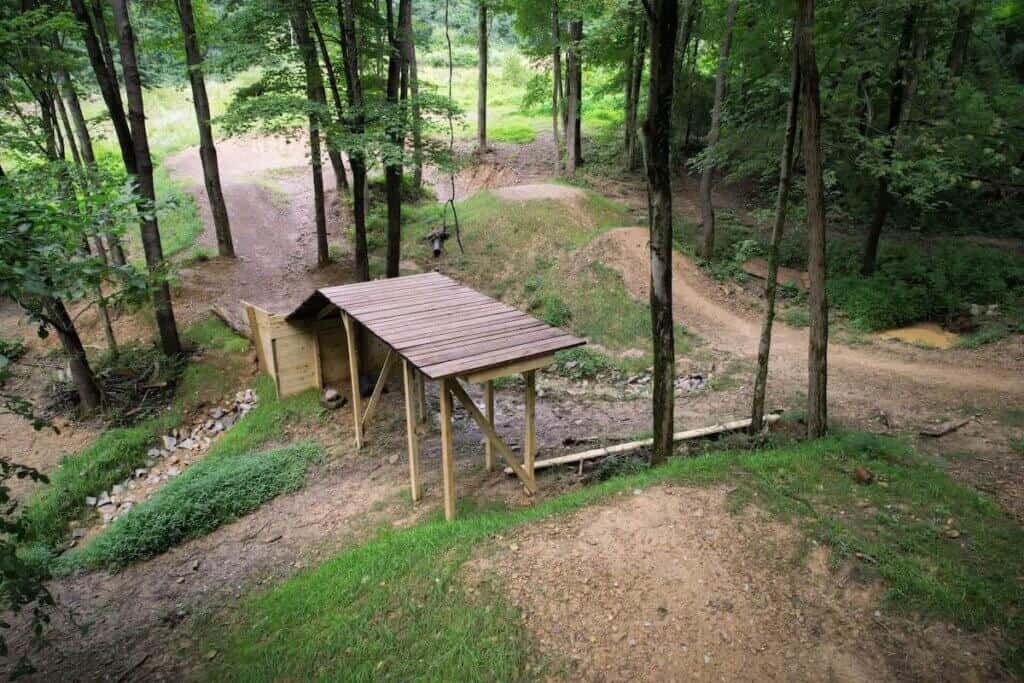 Large wooden drop at Horns Hill Bike Park in Ohio