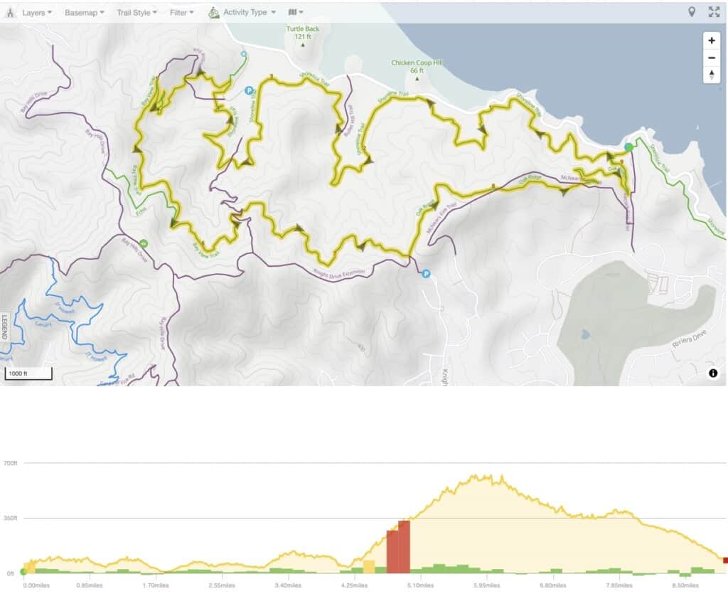 Screenshot of China Camp mountain bike loop map outside of San Francisco