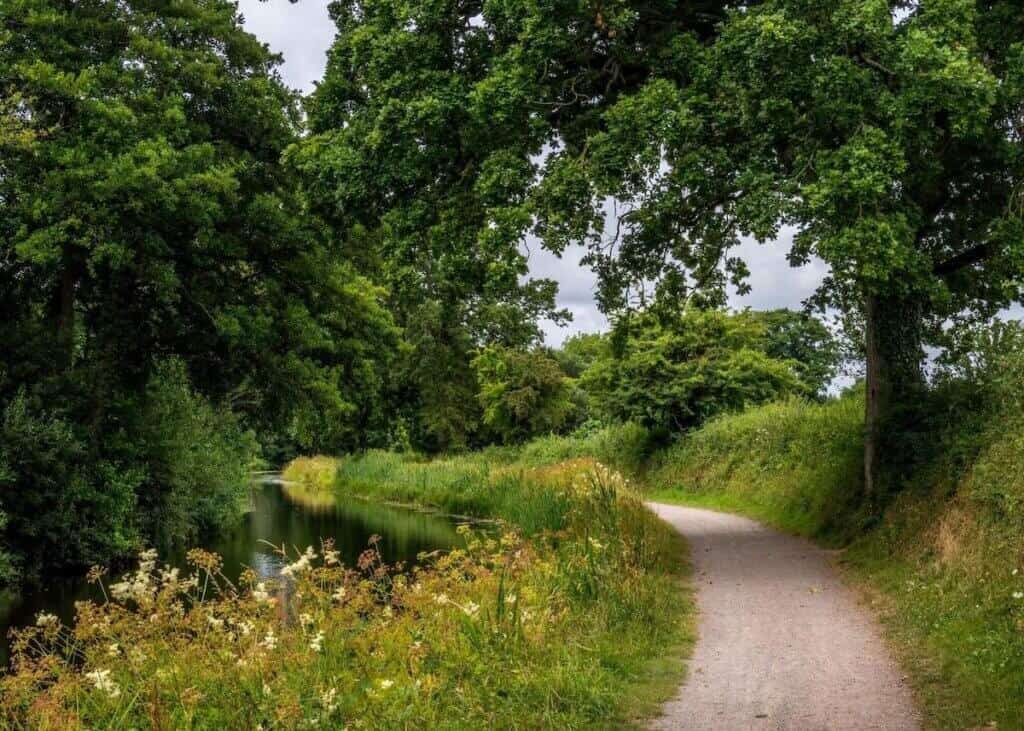 Scenic footpath next to Tiverton Canal in southwest England