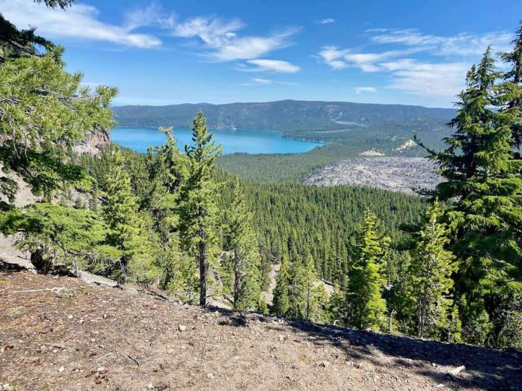 Views out over blue lake in Newberry Volcanic National Monument near Bend, Oregon