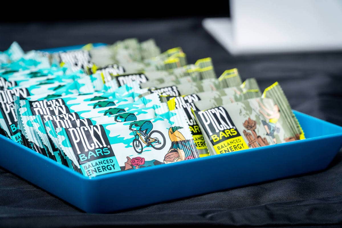 Tray filled with Picky Bars for mountain biking snacks