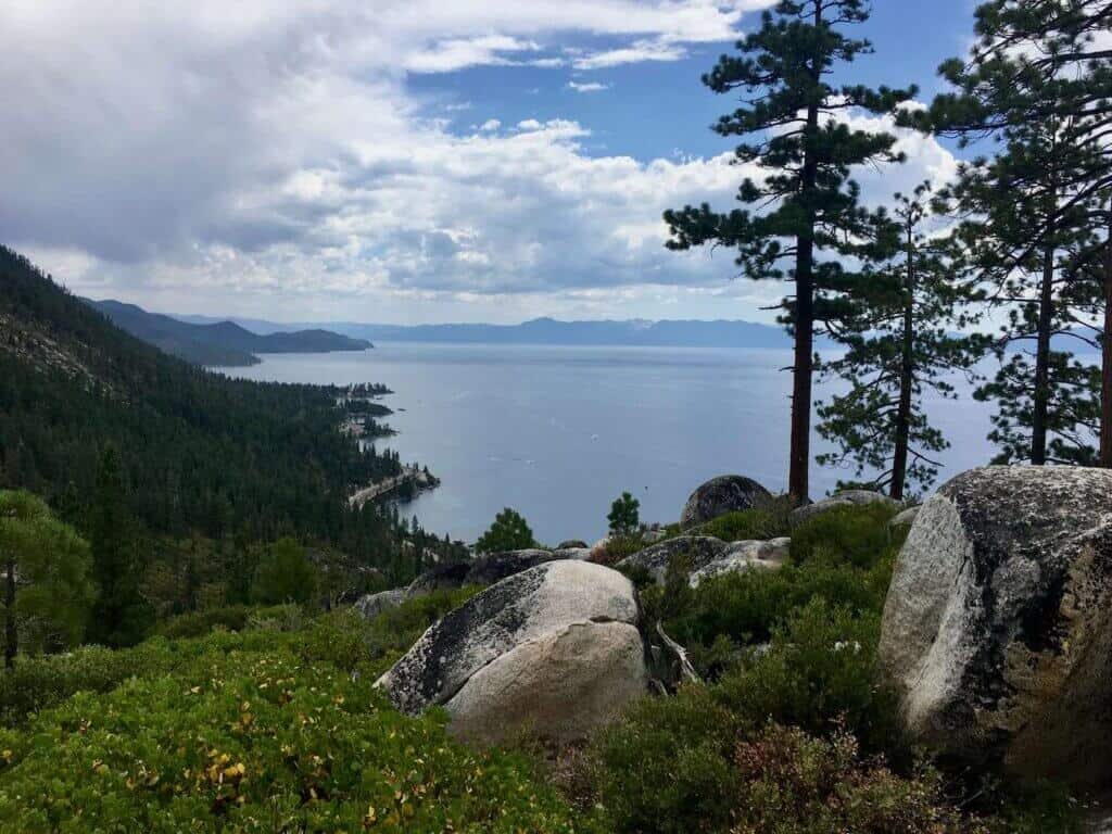 View out over Lake Tahoe while descending from the Tahoe Flume Trail on Tunnel Creek Rd. 
