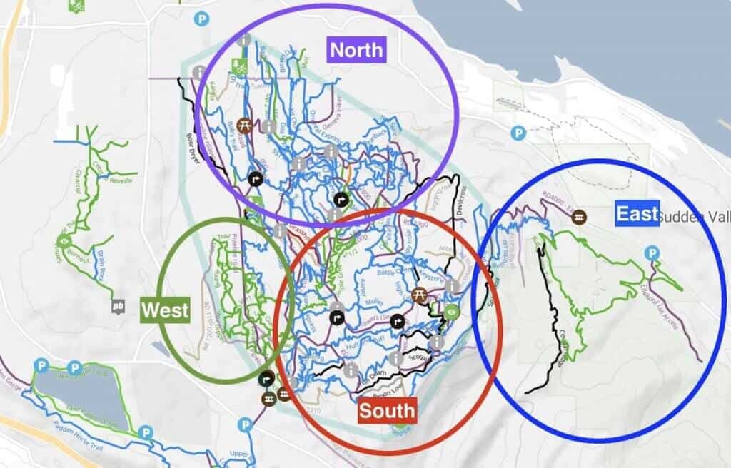 Map of Galbraith Mountain with colored circles showing North, South, East, and West trails