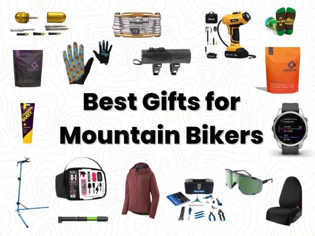 Collage of best gifts for mountain bikers