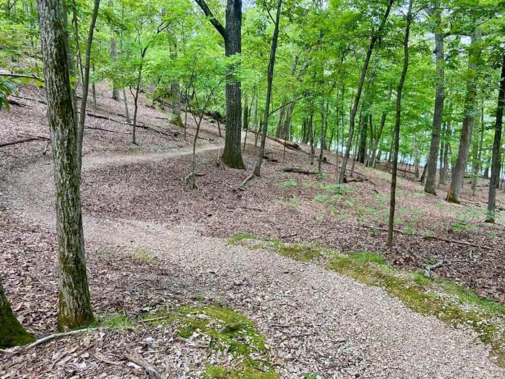 Mountain bike trail winding down through trees to lake shore at Hobbs State Park in Arkansas